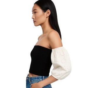 Zara Black Knit Crop Top With White Off-Shoulder Eyelet Balloon / Puff Sleeves